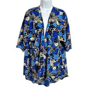 Lularoe Blue Floral Open Kimono Blouse Sz S Layering Top Long Fit Short Sleeve